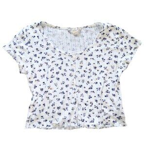White Floral Button Up Lettuce Leaf Crop Top Y2K Size M Pink Republic
